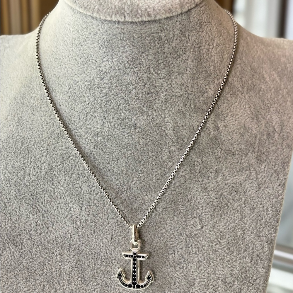David Yurman Unisex Anchor Amulet Pendant Necklace with Black Diamonds 20"